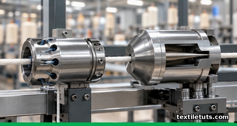 Close-up of a tandem air-jet nozzle assembly with two stainless-steel nozzles in sequence on a spinning frame