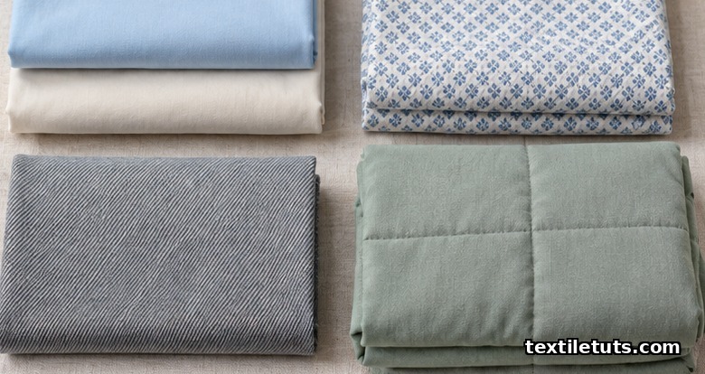 Folded woven bed sheets and fabrics made from smooth air-jet spun yarn arranged on a linen background