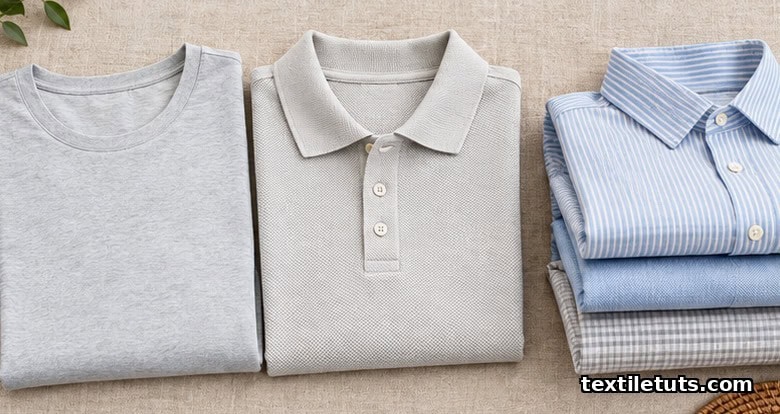 Folded knit fabrics including jersey T-shirt and pique polo made from smooth, even air-jet spun yarn.