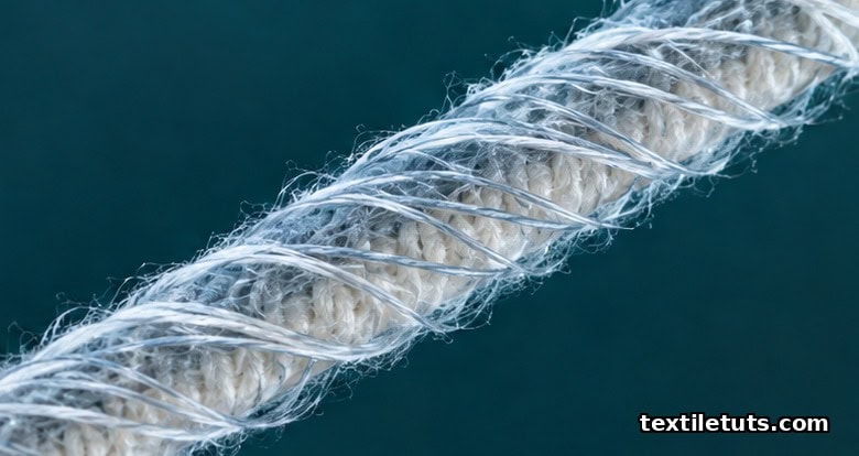 Microscope view of air-jet spun yarn showing wrapper fibers wrapped at a helix angle around a dense fiber core.