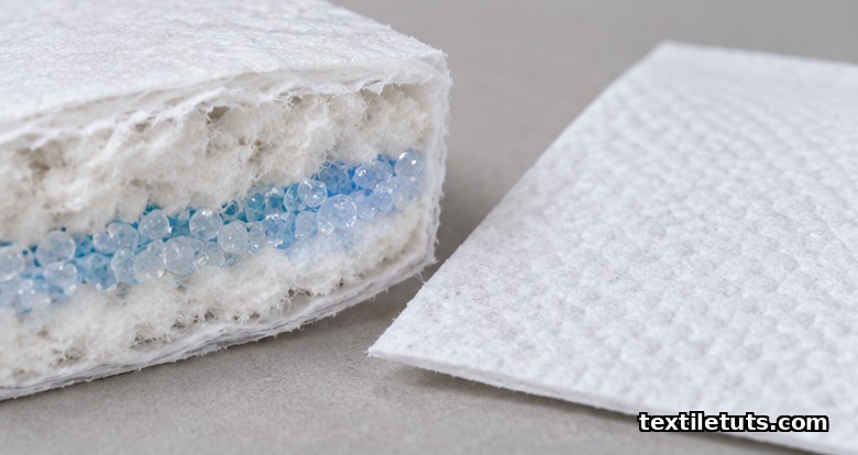 Cutaway cross-section of an air-laid absorbent hygiene core layered with fluff pulp and SAP next to a soft white air-laid wipe sheet.