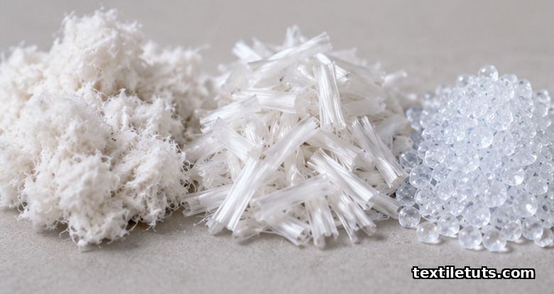 Close-up of fluff pulp cellulose fibers, bicomponent synthetic binder fibers, and superabsorbent polymer granules used in air-laid webs.
