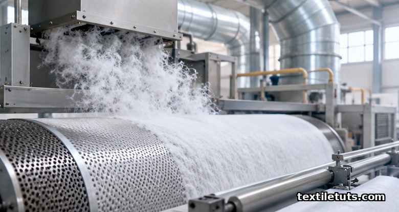 Industrial air-laid forming line with a perforated rotating drum and vacuum box depositing cellulose fibers onto a moving screen.