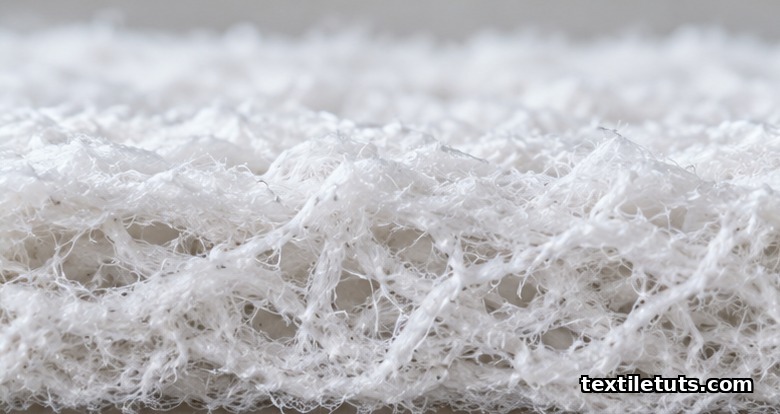Macro cross-section of a fluffy air-laid nonwoven fiber web showing random fiber orientation, bulk, and porous structure.