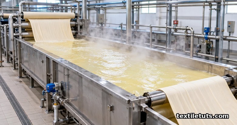 Industrial alkali scouring of greige cotton fabric in an open stainless steel sodium hydroxide bath with guide rollers.