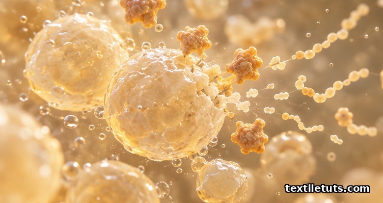 Macro view of starch granules gelatinizing in hot water as alpha-amylase enzymes cleave alpha bonds into soluble dextrins.