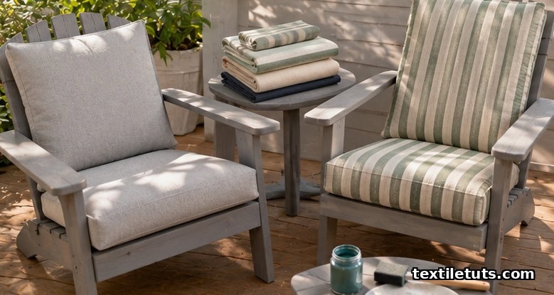 Patio chairs dressed in new dove-gray and sage Sunbrella slipcovers beside folded slipcover options.