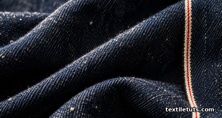 Close-up of heritage denim fabric in deep indigo showing diagonal twill weave, slub texture, and selvedge edge with red line ID.