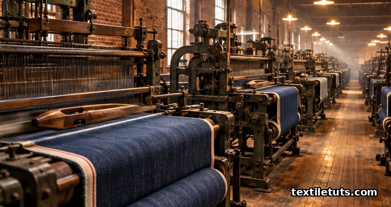 Vintage American denim mill aisle with rows of mechanical shuttle looms weaving narrow selvedge denim under warm tungsten lights.