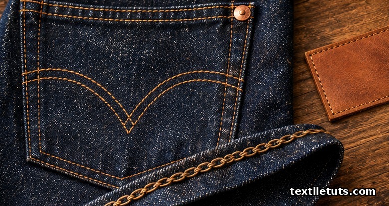 Heritage jean back pocket detail showing copper rivet, curved double-arc stitching, and chain-stitched hem on raw indigo denim.