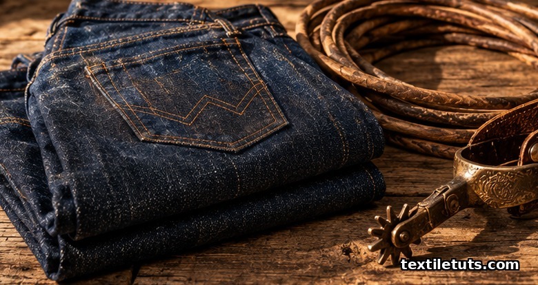 Folded raw indigo 14.5 oz denim jeans stacked on weathered barn wood with coiled leather rope and vintage brass western spur.