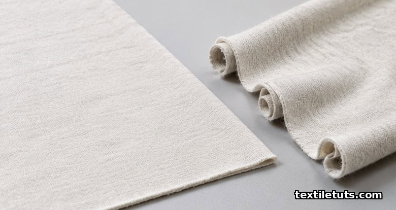 Flat anti-curl finished knit panel beside a piece of untreated jersey curling at the cut edge.