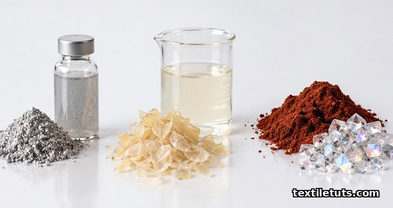 Silver powder, chitin, copper-oxide, and zinc-pyrithione antimicrobial agents arranged on a lab surface.
