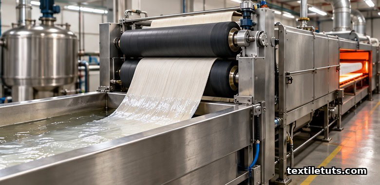 Industrial padding mangle applying antimicrobial finish bath to cotton fabric at a textile mill.