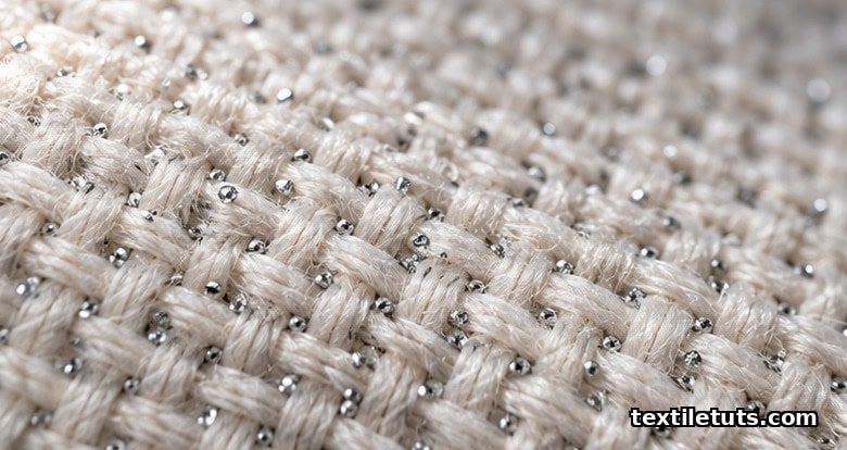 Macro close-up of woven cotton textile with silver-ion antimicrobial finish particles on fiber surface.