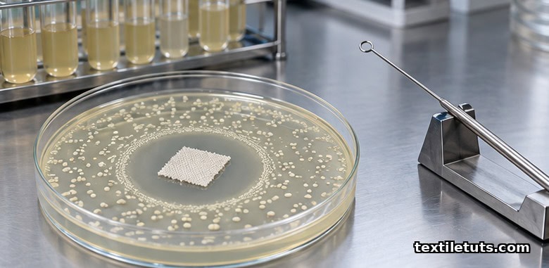 Petri dish showing zone of inhibition around antimicrobial-treated fabric sample on bacterial agar.