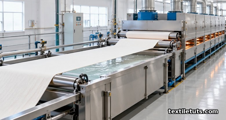Textile finishing production line with fabric web passing through padding rollers and a curing stenter oven.