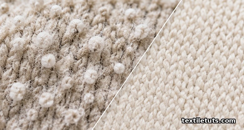 Macro close-up of knit fabric surface showing tangled pills on the left and smooth finished fibers on the right.