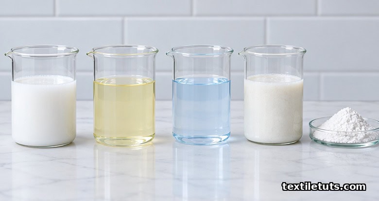 Textile laboratory bench with four beakers showing acrylic polyurethane silicone and starch anti-slip finish chemistries side by side.