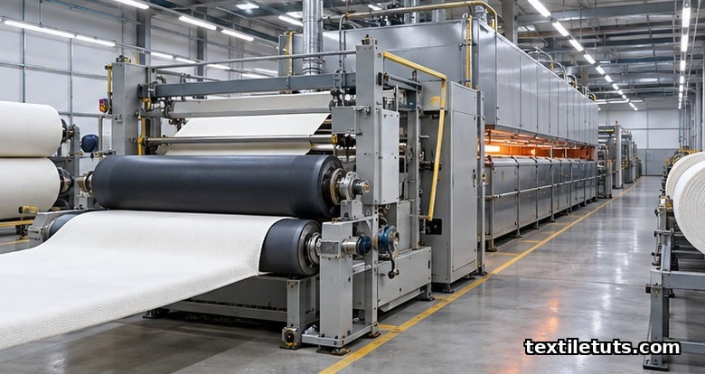 Industrial pad mangle and stenter frame in a textile mill used to apply anti-slip finishes to woven fabric at production speed.