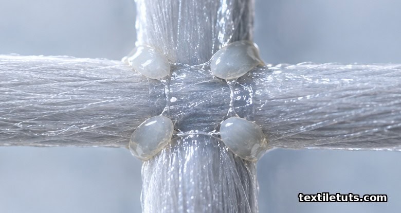 Microscopic view of two interlaced filament yarns with cured polymer spot welds bonding the crossover points in an anti-slip textile finish.