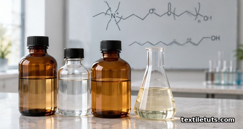 Laboratory still life of reagent bottles and a flask with pale amber antistatic solutions, with molecular structures sketched on a background whiteboard.