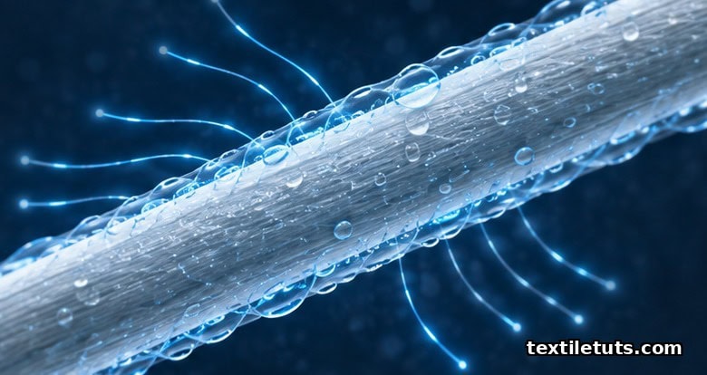 Microscopic view of a synthetic fiber coated with a translucent hygroscopic moisture film that dissipates electrical charge into the air.