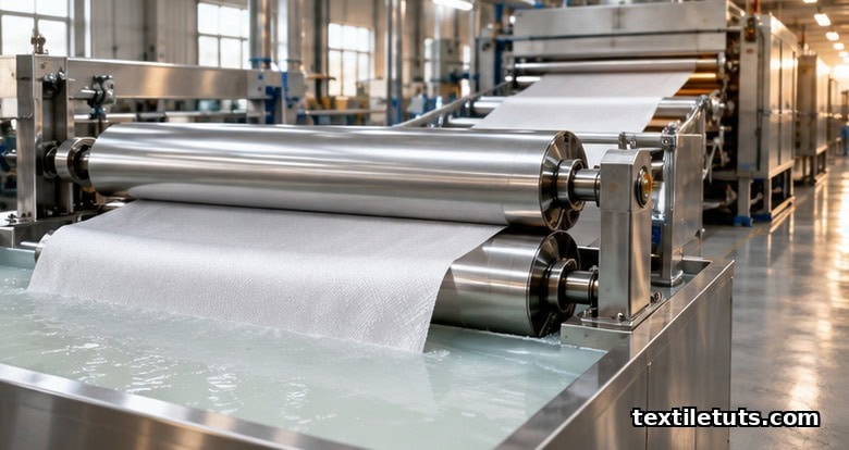 Industrial textile finishing line showing polyester fabric passing through polished stainless-steel squeeze rollers in a liquid antistatic bath.