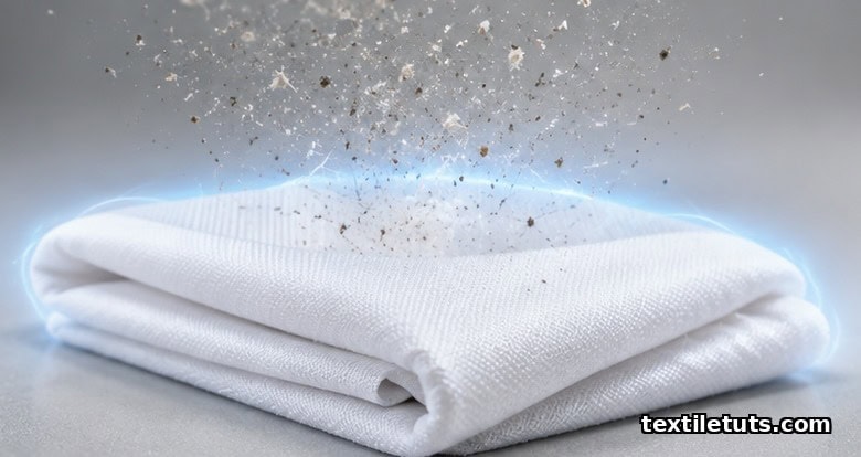 Folded white polyester fabric sample on a neutral studio surface with a soft halo, illustrating antistatic surface treatment for textiles.