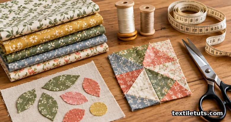 Flat lay of quilting cotton swatches, appliqué leaf shapes, patchwork block in progress, and fabric shears on a wooden table.