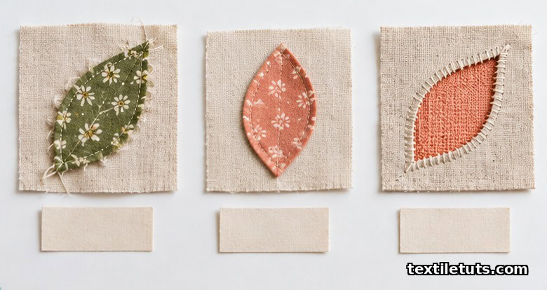 Three appliqué swatches comparing raw-edge, turned-edge, and reverse-appliqué techniques on cotton.