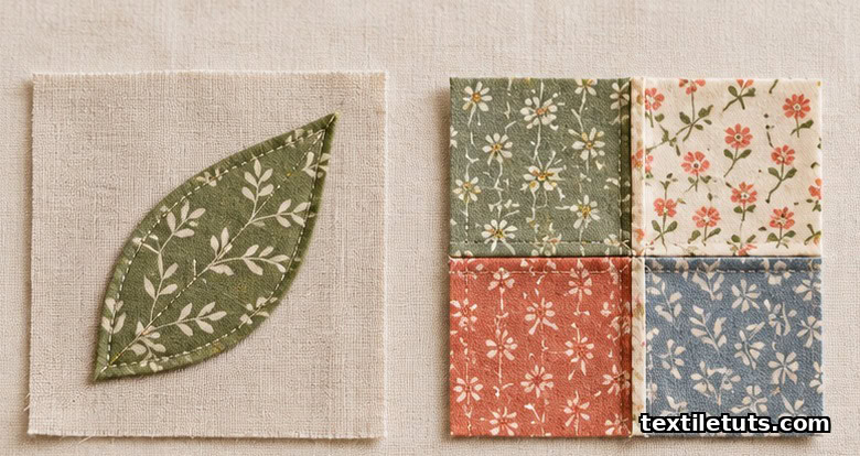 Turned-edge leaf appliqué on linen beside a four-patch patchwork unit with quarter-inch seam allowances.