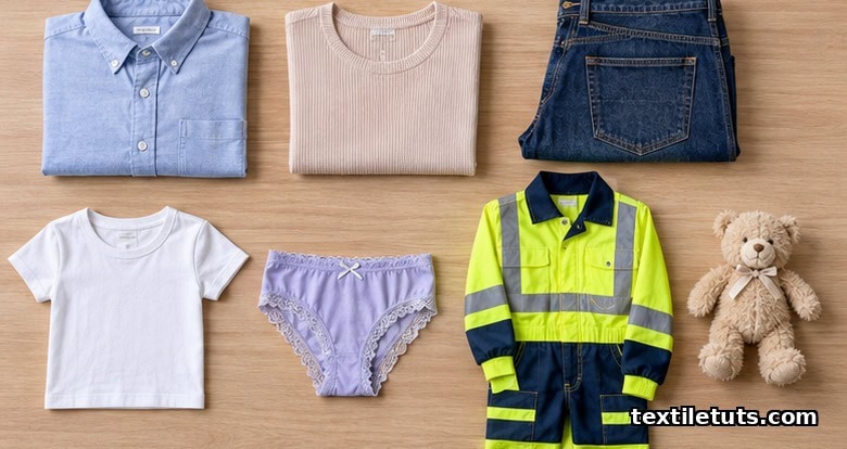 Flat-lay of seven folded apparel types including shirts, denim, workwear, and plush toy representing common AQL categories.