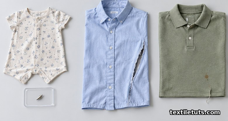 Three garments on an inspection table illustrating critical, major, and minor defect severity classifications.