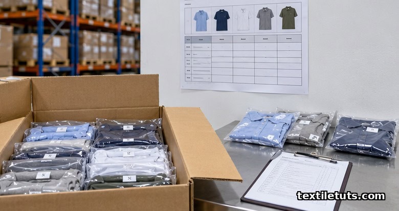 Open export carton with folded shirts inside, sample units set aside on a side table, AQL reference sheet posted on the factory wall.