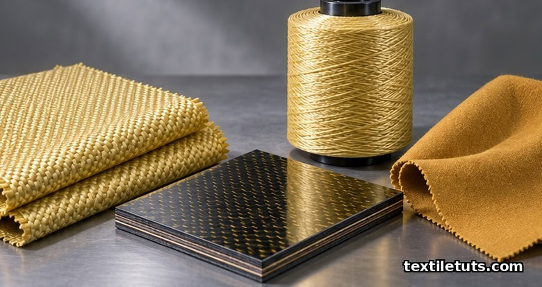 Para-aramid end-use products: woven ballistic panel, composite laminate, tire cord and meta-aramid fabric.