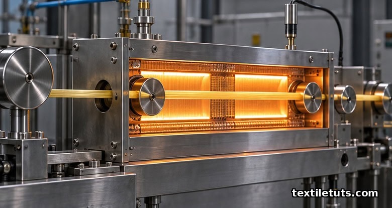 Heat-treatment furnace drawing golden para-aramid tow under tension on heated rollers.