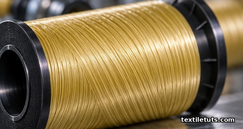 Golden-yellow para-aramid filament bundles wound on a black bobbin under studio light.