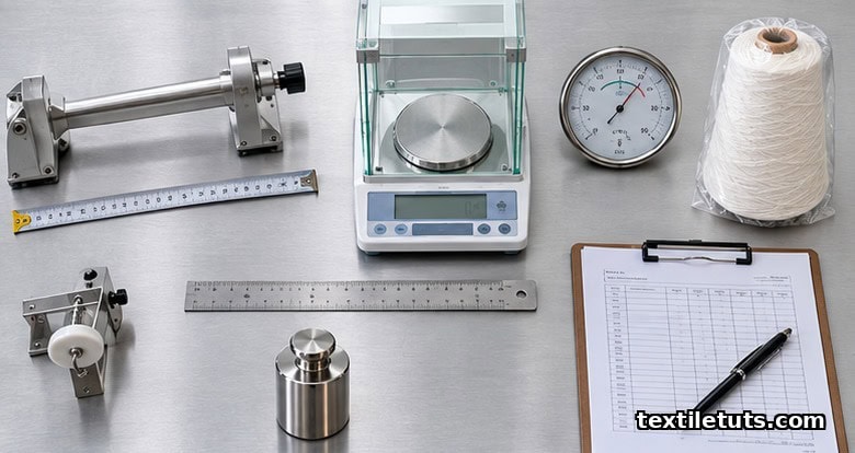 Flat-lay of ASTM D1907 testing apparatus on brushed steel — wrap reel segment, analytical balance, hygrometer, cotton yarn cone, and tension device.