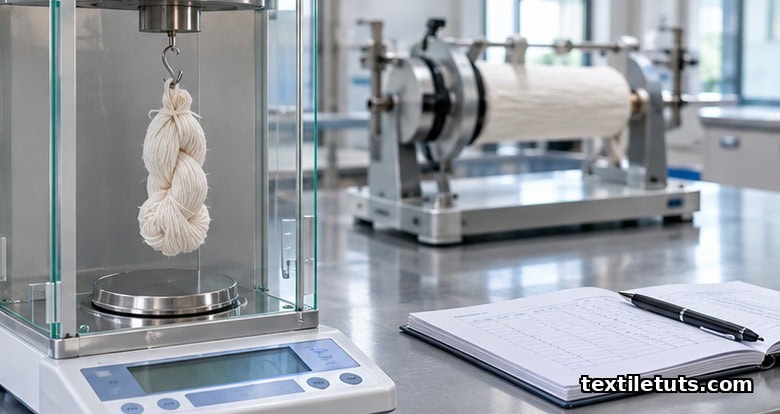 Tied cotton skein hanging from a hook above an analytical balance, illustrating the weighing step of the ASTM D1907 skein method.