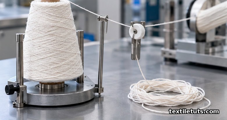 Close-up of a cotton yarn cone on a bench creel, threaded through tension guides toward a wrap reel for ASTM D1907 skein preparation.