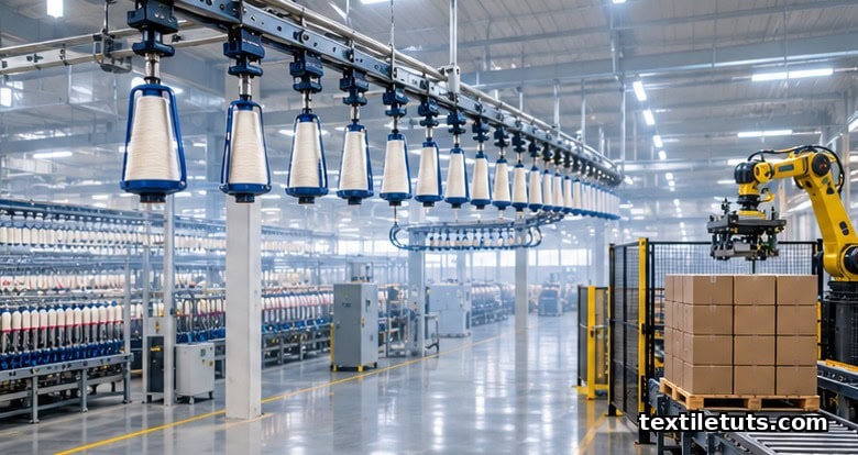 Overhead automated conveyor rail moving yarn cones through a spinning mill toward a vision-guided palletizer with no operators on the floor.