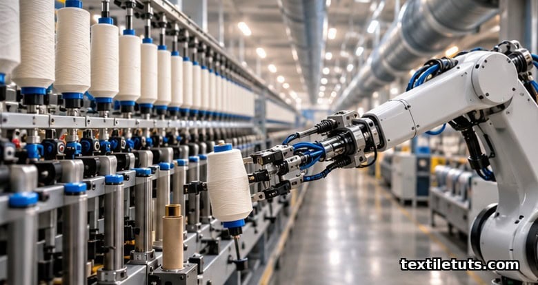 Robotic doffer arm on a modern ring-spinning frame exchanging a full yarn cop for an empty tube in an automated textile mill.