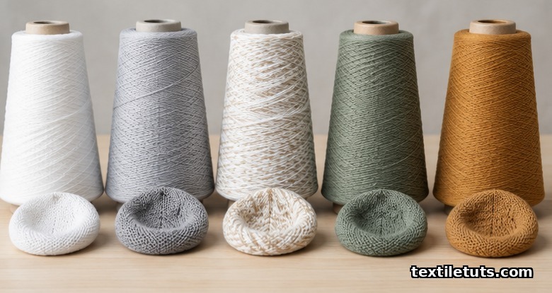 Five upright yarn spools of polyester, polyamide, PET-elastane, recycled PET, and solution-dyed acrylic with a folded knit swatch.