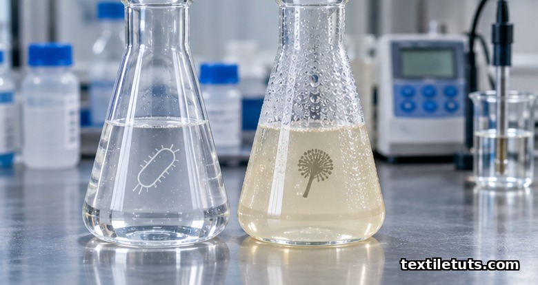 Two laboratory flasks comparing bacterial and fungal amylase enzyme preparations used in textile bio-desizing.