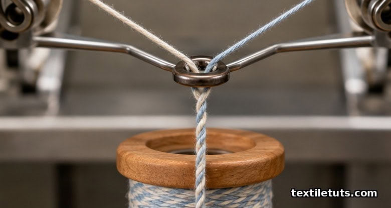 Two single yarn strands being plied together with opposing twist to form a balanced two-ply construction.