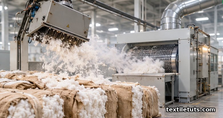 Blowroom bale plucker lifts cotton tufts from a multi-bale lay-down on a modern opening and blending line in a spinning mill.