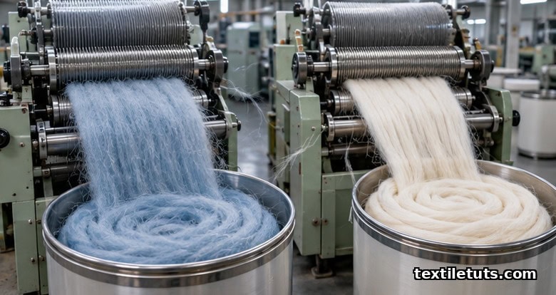 Carding machine doffing natural bamboo-fiber sliver into a coiler can beside a second card feeding regenerated bamboo viscose sliver.