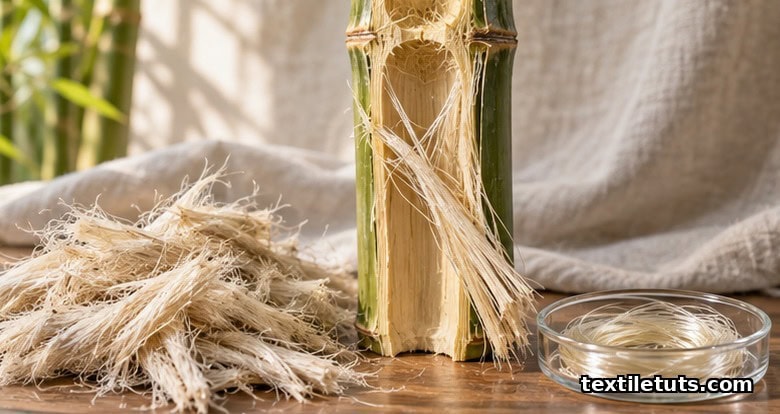 Freshly split bamboo culm with peeled bast fibers next to glossy regenerated bamboo viscose filament strands on a linen surface.