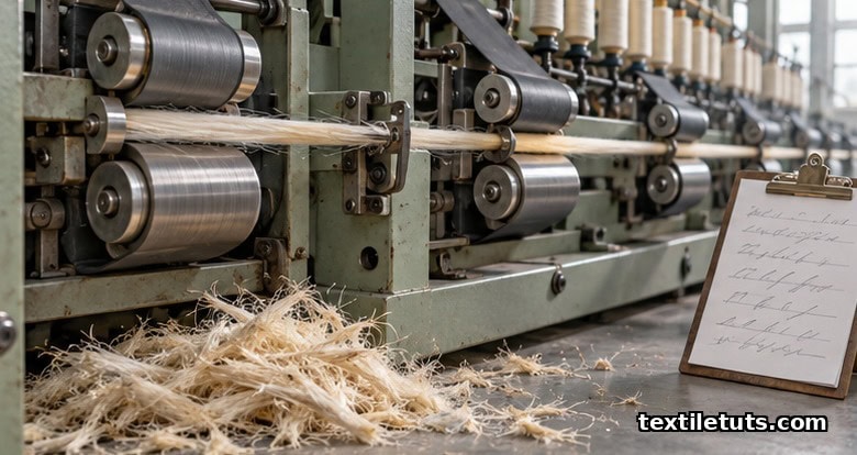 Ring-frame drafting rollers gripping bamboo-cotton roving with break-draft zone and clipboard of drafting settings beside the frame.
